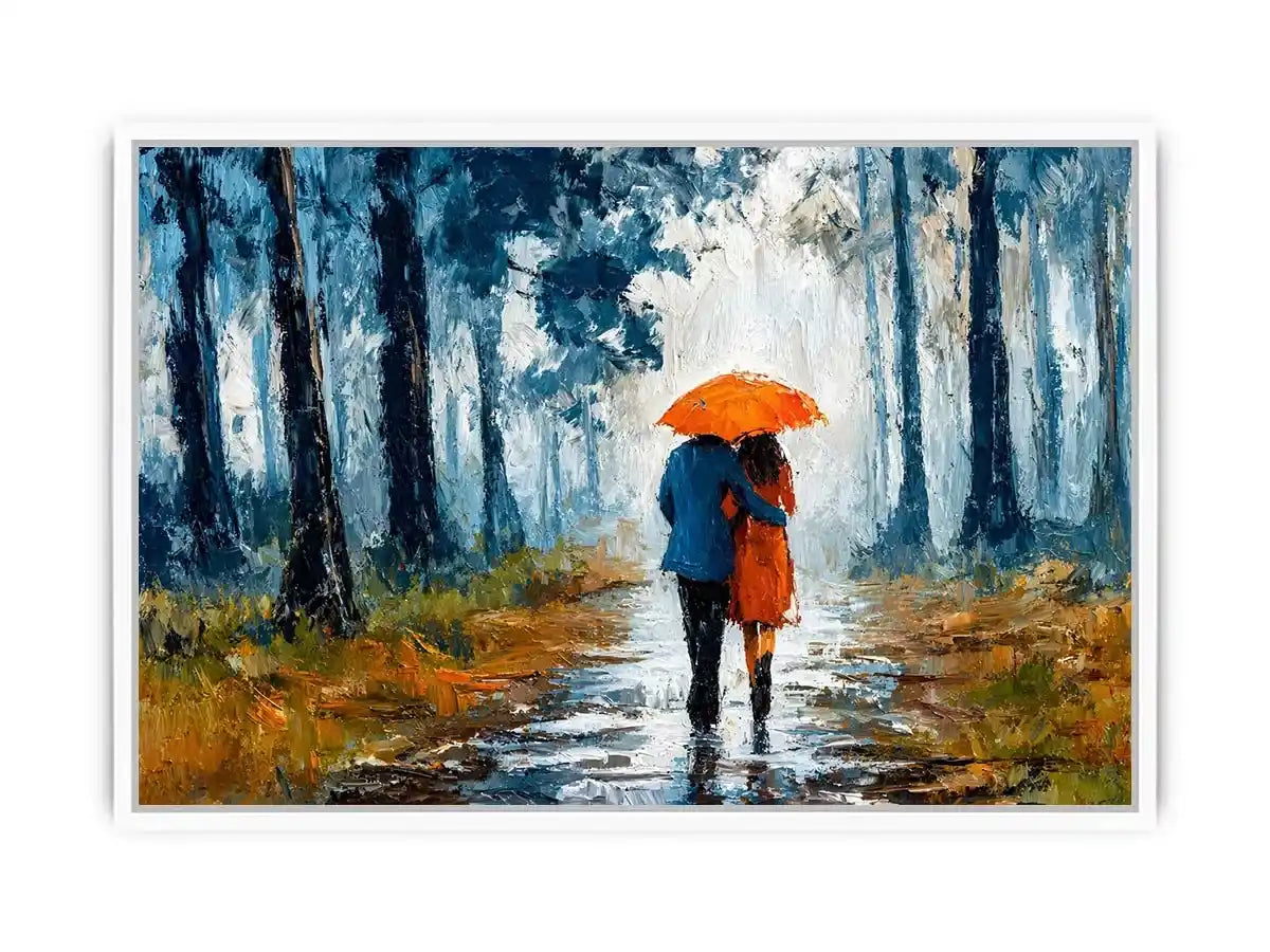 romantic rainy couple wall art, impressionist love painting canvas, rainy forest couple artwork, romantic umbrella painting
