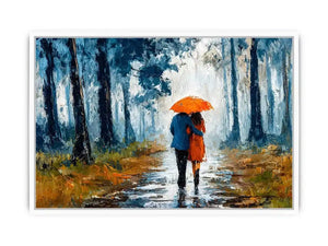 romantic rainy couple wall art, impressionist love painting canvas, rainy forest couple artwork, romantic umbrella painting