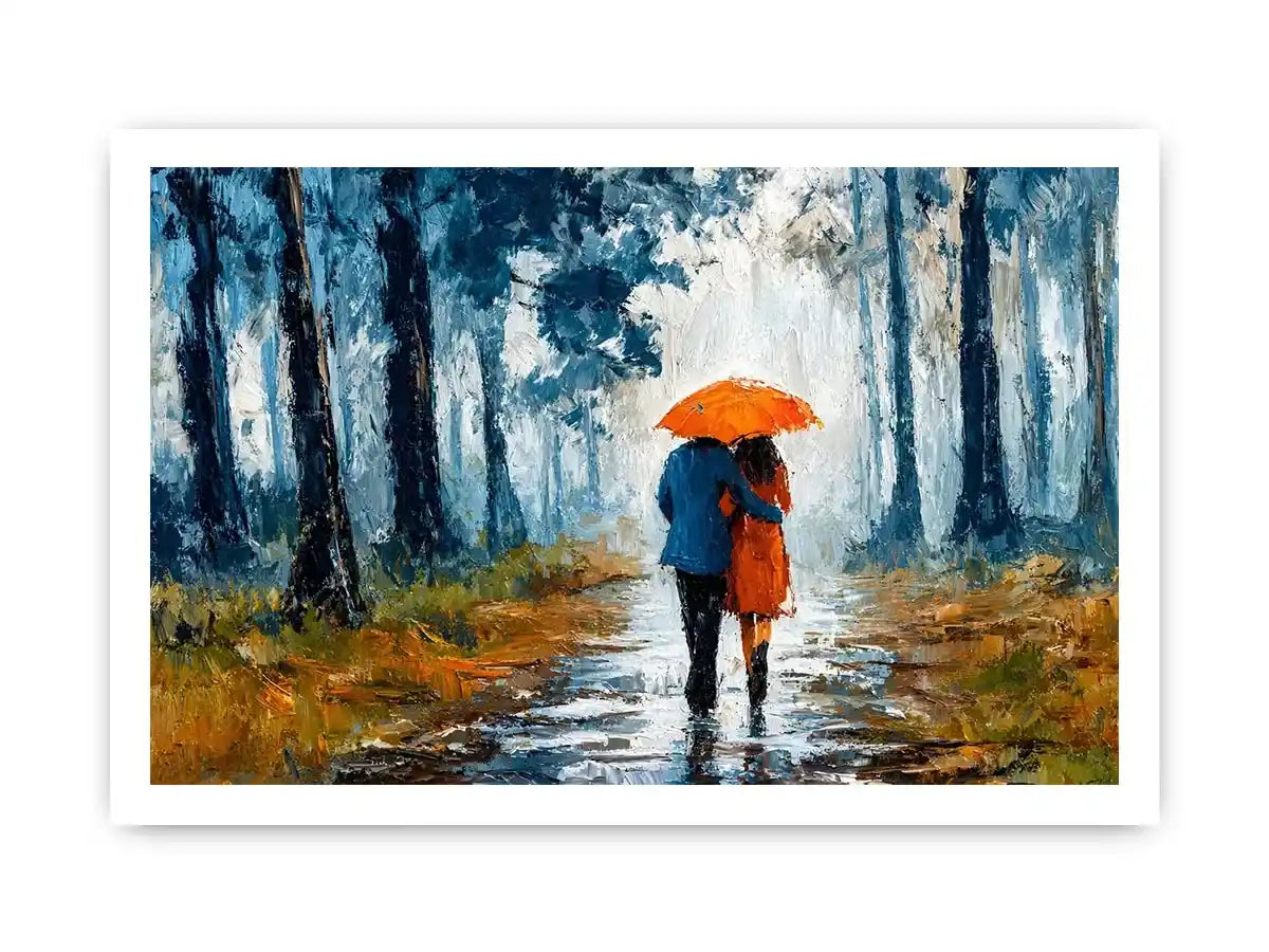 romantic rainy couple wall art, impressionist love painting canvas, rainy forest couple artwork, romantic umbrella painting