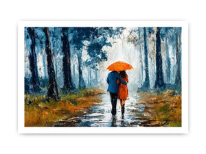 romantic rainy couple wall art, impressionist love painting canvas, rainy forest couple artwork, romantic umbrella painting