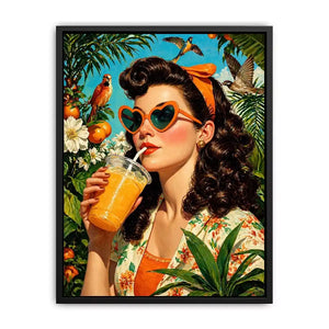 Retro tropical woman portrait with orange drink, heart sunglasses, citrus garden and birds vibrant vintage illustration