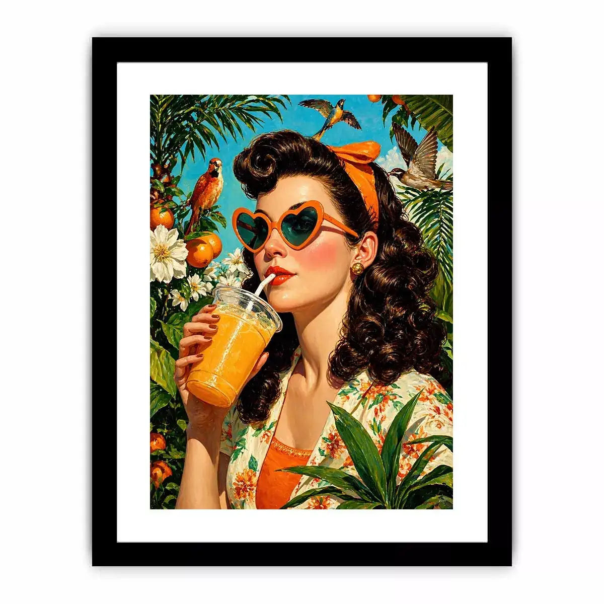 Retro tropical woman portrait with orange drink, heart sunglasses, citrus garden and birds vibrant vintage illustration