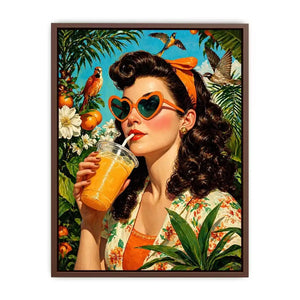 Retro tropical woman portrait with orange drink, heart sunglasses, citrus garden and birds vibrant vintage illustration