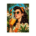 Retro tropical woman portrait with orange drink, heart sunglasses, citrus garden and birds vibrant vintage illustration