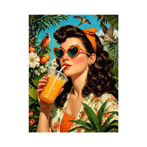 Retro tropical woman portrait with orange drink, heart sunglasses, citrus garden and birds vibrant vintage illustration