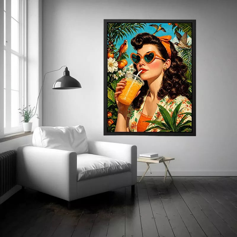 Retro tropical woman portrait with orange drink, heart sunglasses, citrus garden and birds vibrant vintage illustration