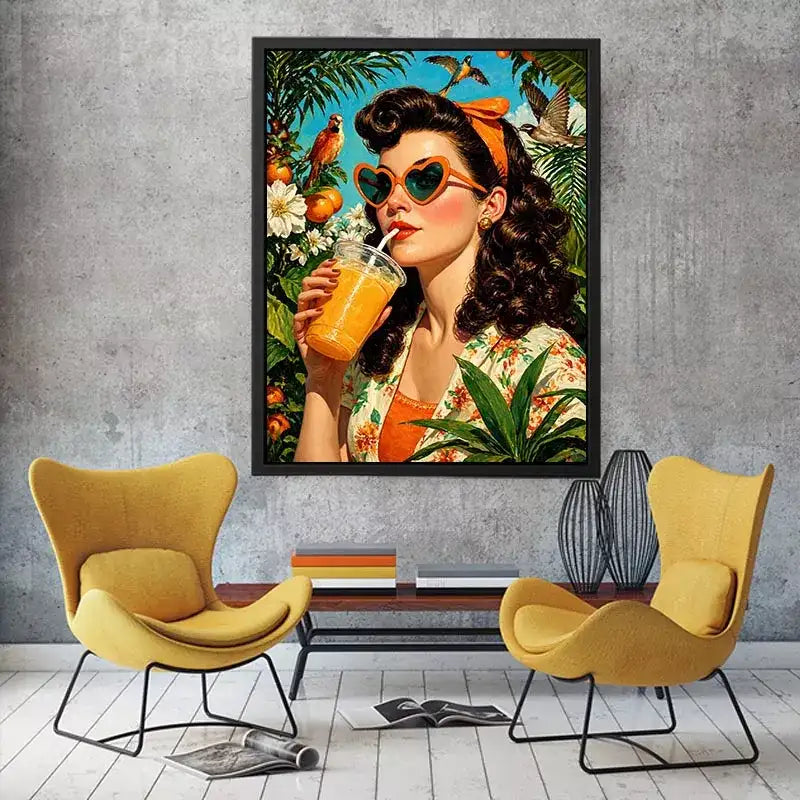 Retro tropical woman portrait with orange drink, heart sunglasses, citrus garden and birds vibrant vintage illustration