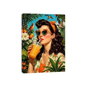 Retro tropical woman portrait with orange drink, heart sunglasses, citrus garden and birds vibrant vintage illustration