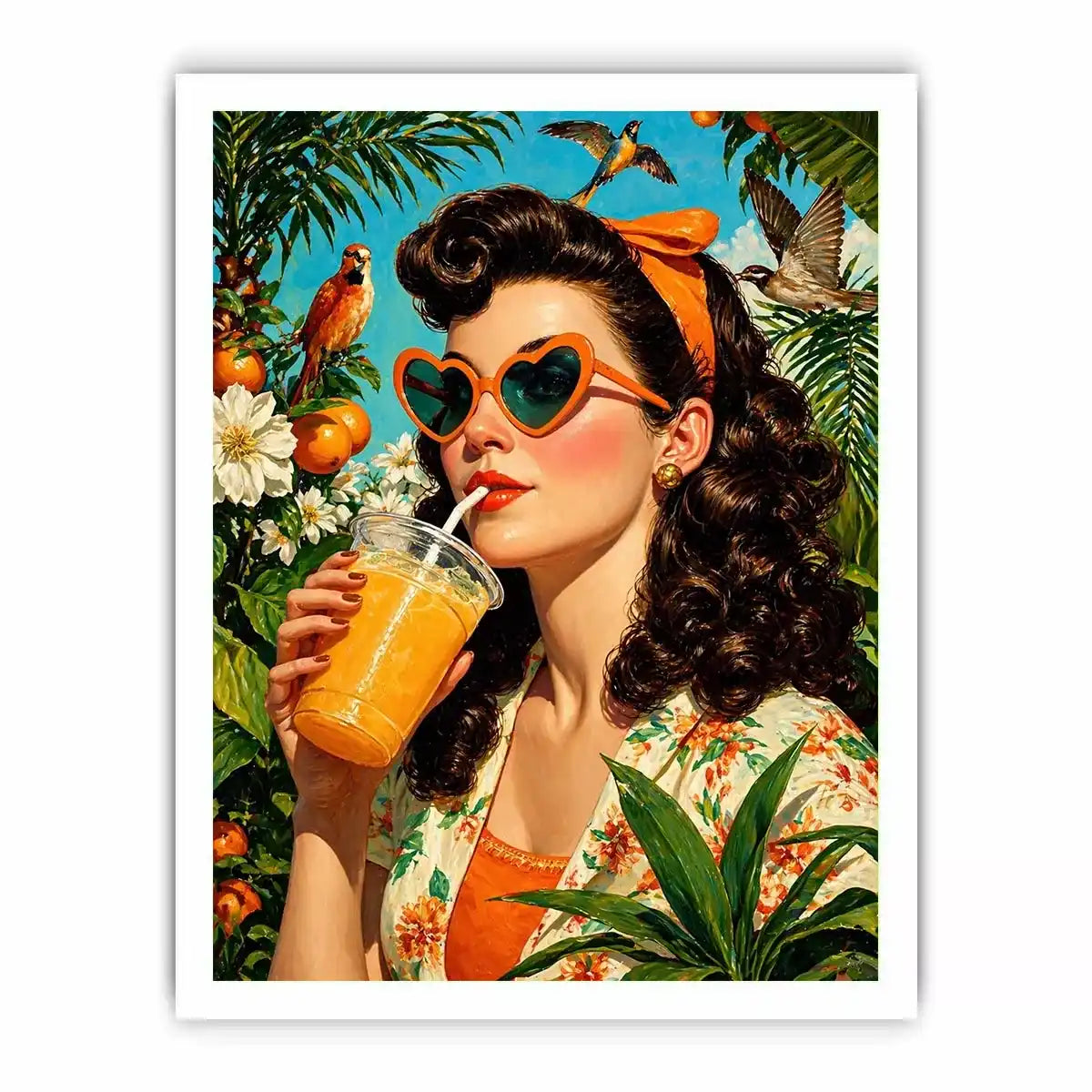 Retro tropical woman portrait with orange drink, heart sunglasses, citrus garden and birds vibrant vintage illustration