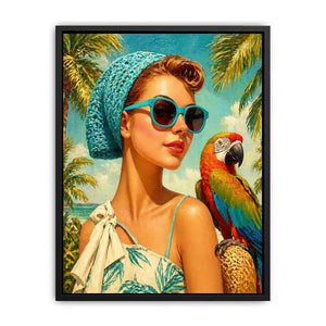 Retro tropical woman with blue sunglasses and parrot in beach setting vintage illustration