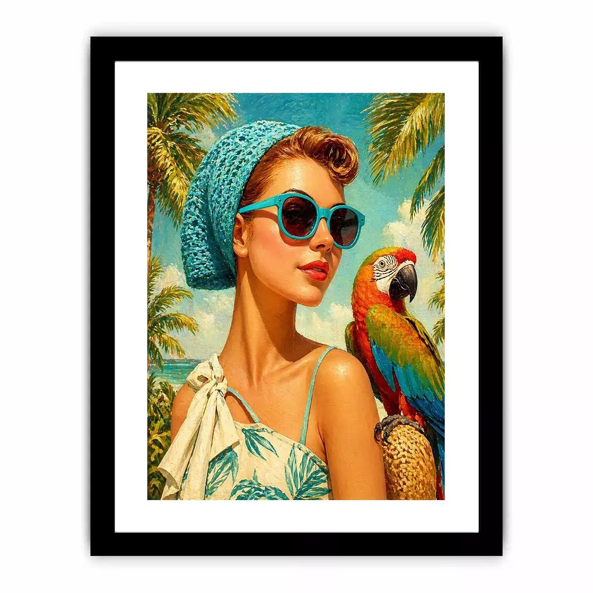 Retro tropical woman with blue sunglasses and parrot in beach setting vintage illustration