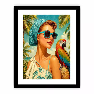 Retro tropical woman with blue sunglasses and parrot in beach setting vintage illustration