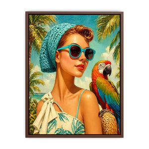 Retro tropical woman with blue sunglasses and parrot in beach setting vintage illustration