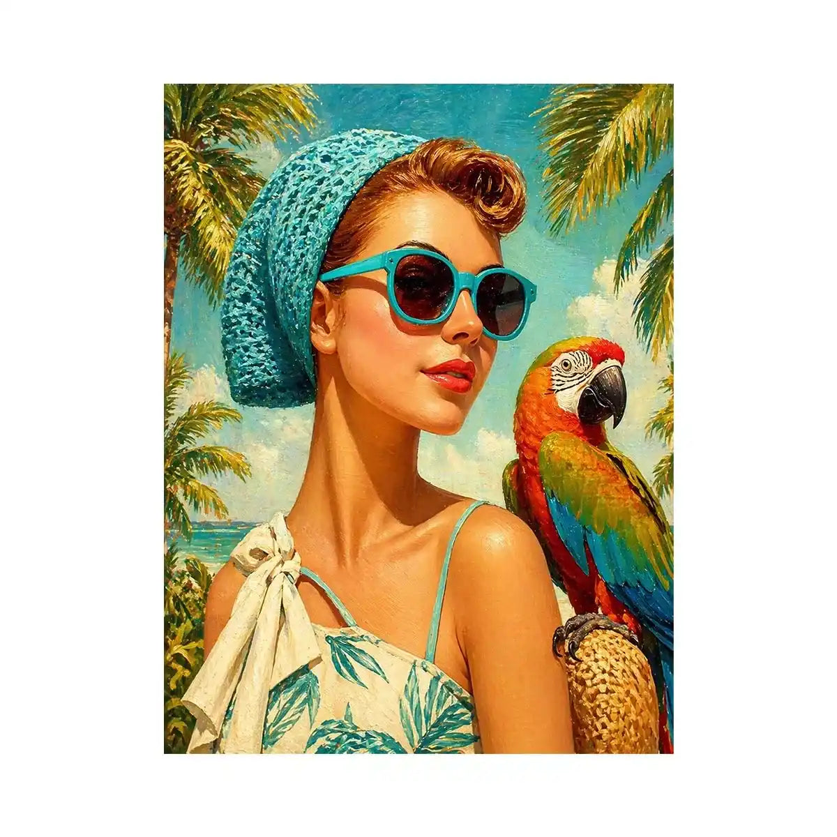 Retro tropical woman with blue sunglasses and parrot in beach setting vintage illustration