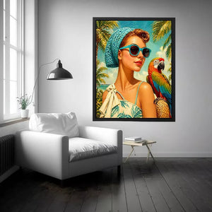 Retro tropical woman with blue sunglasses and parrot in beach setting vintage illustration