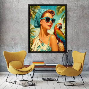 Retro tropical woman with blue sunglasses and parrot in beach setting vintage illustration