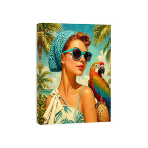 Retro tropical woman with blue sunglasses and parrot in beach setting vintage illustration