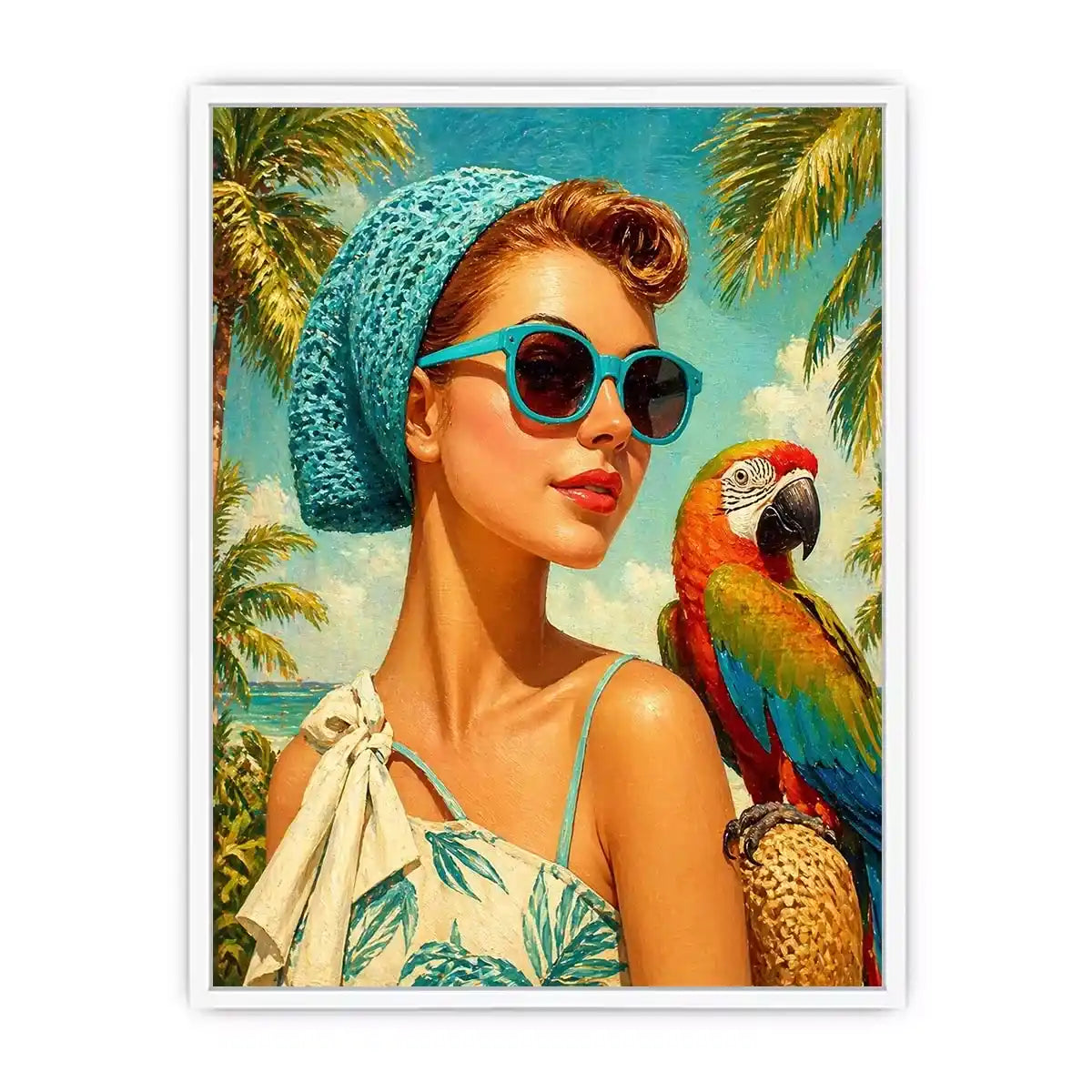Retro tropical woman with blue sunglasses and parrot in beach setting vintage illustration