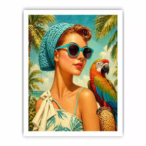 Retro tropical woman with blue sunglasses and parrot in beach setting vintage illustration