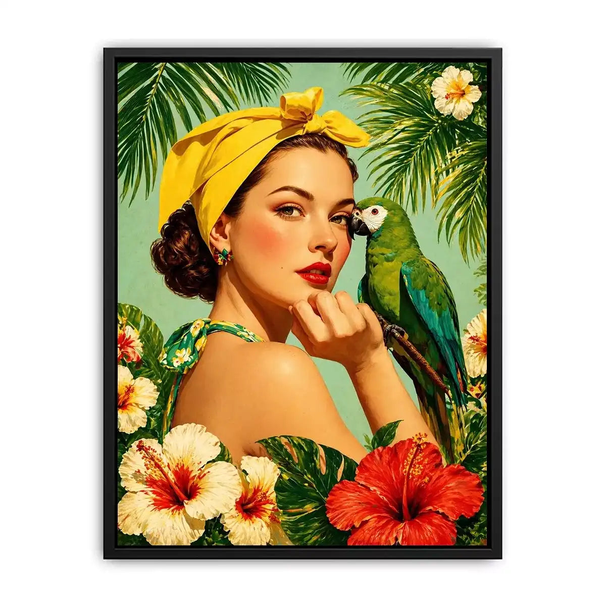 Retro tropical woman with yellow headscarf and green parrot surrounded by hibiscus flowers vintage illustration