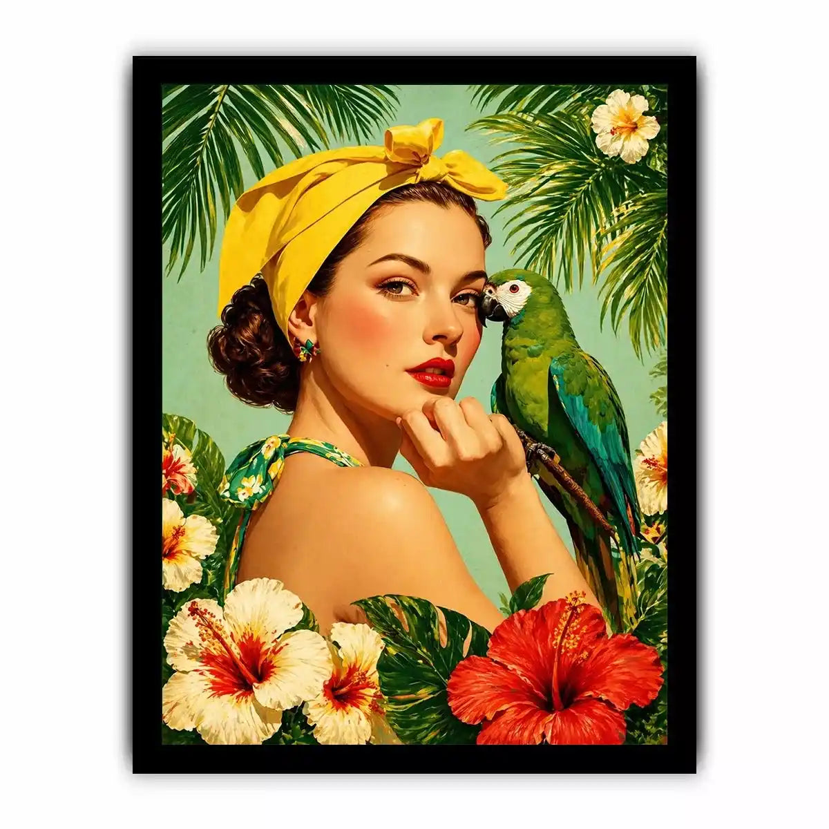 Retro tropical woman with yellow headscarf and green parrot surrounded by hibiscus flowers vintage illustration