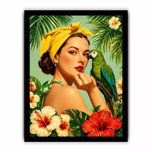 Retro tropical woman with yellow headscarf and green parrot surrounded by hibiscus flowers vintage illustration