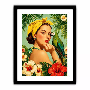 Retro tropical woman with yellow headscarf and green parrot surrounded by hibiscus flowers vintage illustration