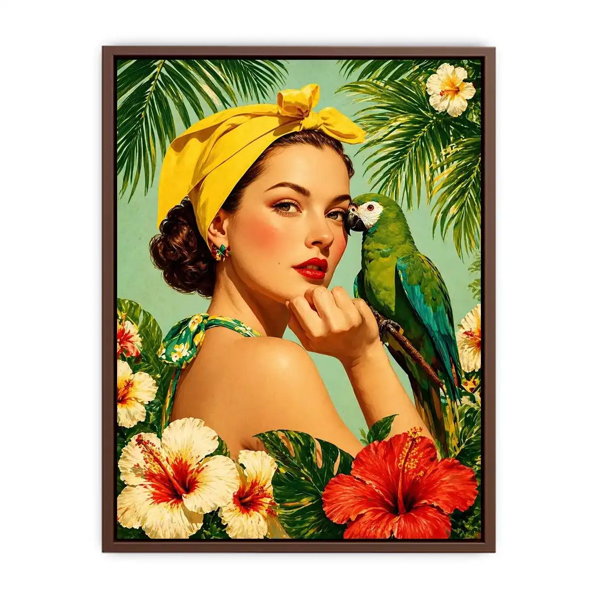Retro tropical woman with yellow headscarf and green parrot surrounded by hibiscus flowers vintage illustration