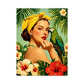 Retro tropical woman with yellow headscarf and green parrot surrounded by hibiscus flowers vintage illustration