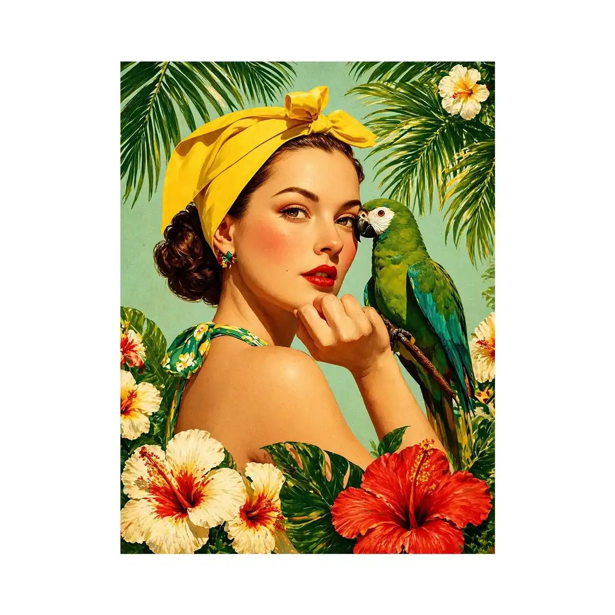 Retro tropical woman with yellow headscarf and green parrot surrounded by hibiscus flowers vintage illustration