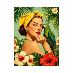 Retro tropical woman with yellow headscarf and green parrot surrounded by hibiscus flowers vintage illustration