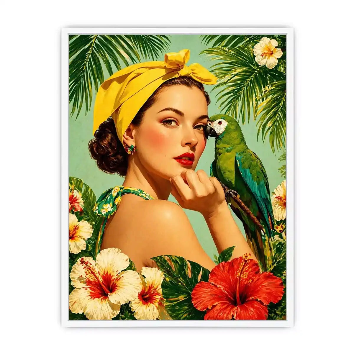 Retro tropical woman with yellow headscarf and green parrot surrounded by hibiscus flowers vintage illustration