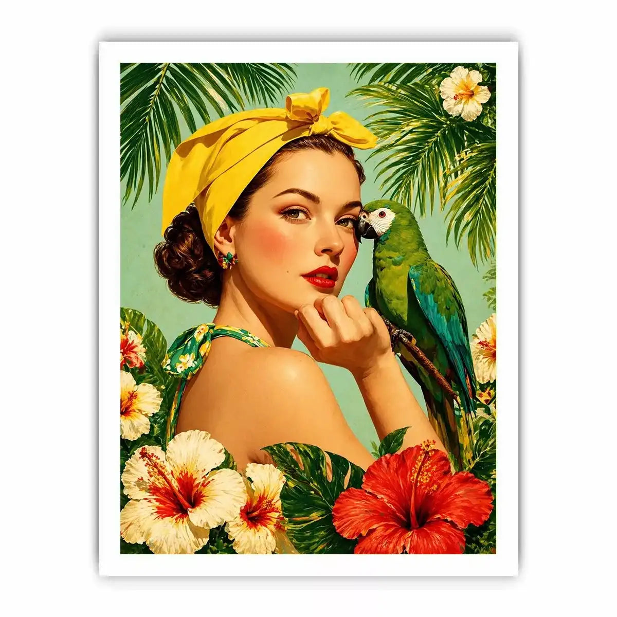 Retro tropical woman with yellow headscarf and green parrot surrounded by hibiscus flowers vintage illustration