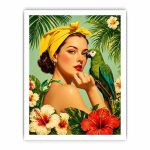 Retro tropical woman with yellow headscarf and green parrot surrounded by hibiscus flowers vintage illustration