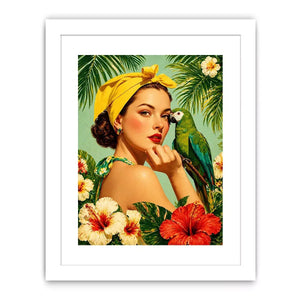 Retro tropical woman with yellow headscarf and green parrot surrounded by hibiscus flowers vintage illustration