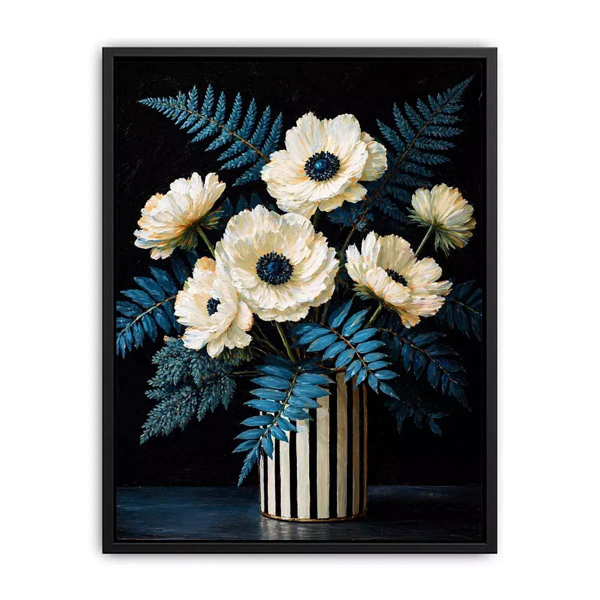 Dark floral still life with white flowers in vase and blue foliage on black background elegant painting