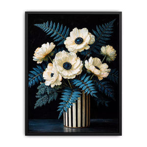 Dark floral still life with white flowers in vase and blue foliage on black background elegant painting