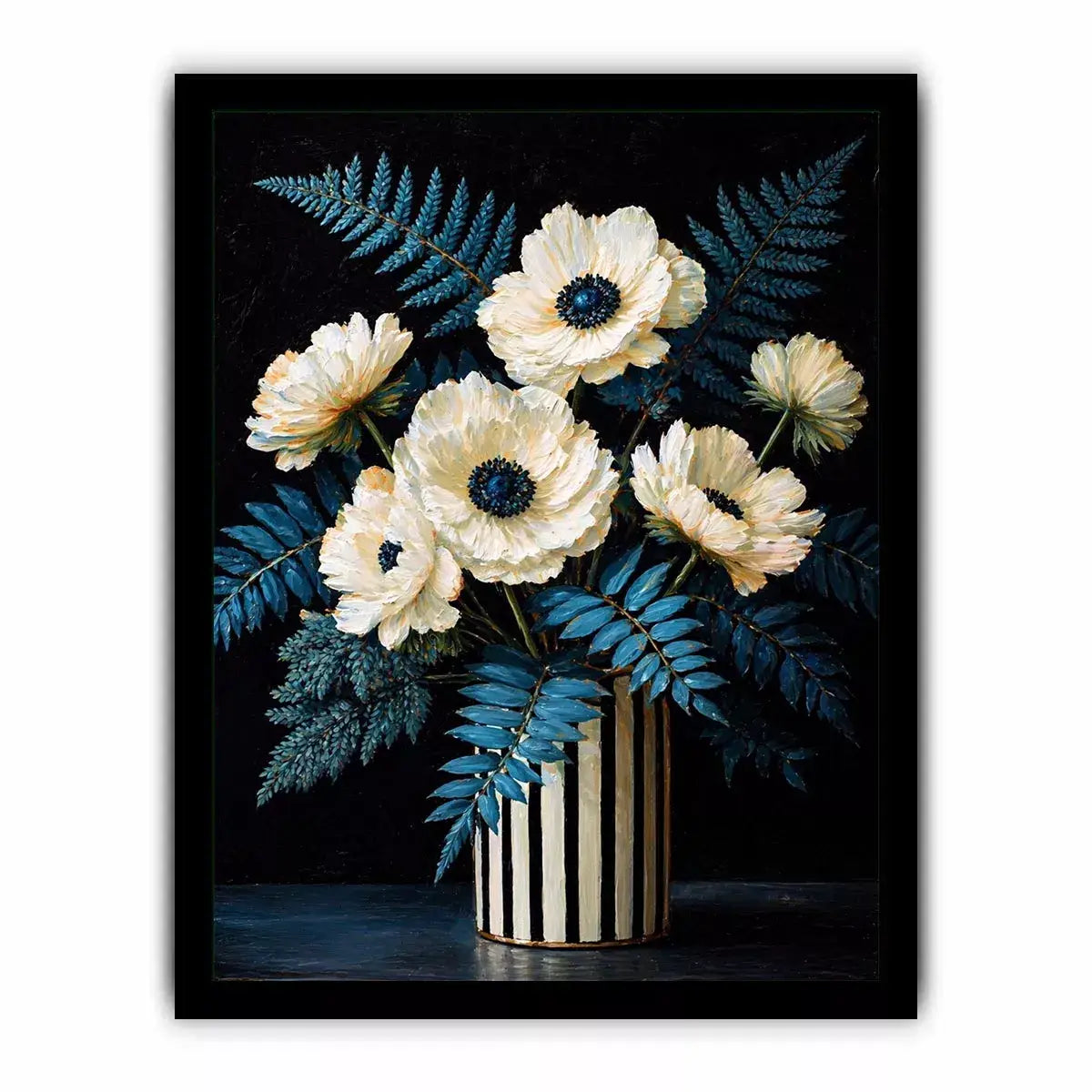 Dark floral still life with white flowers in vase and blue foliage on black background elegant painting