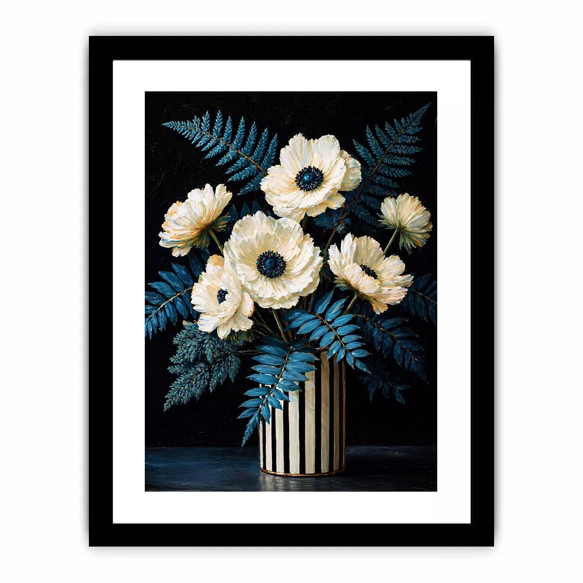 Dark floral still life with white flowers in vase and blue foliage on black background elegant painting