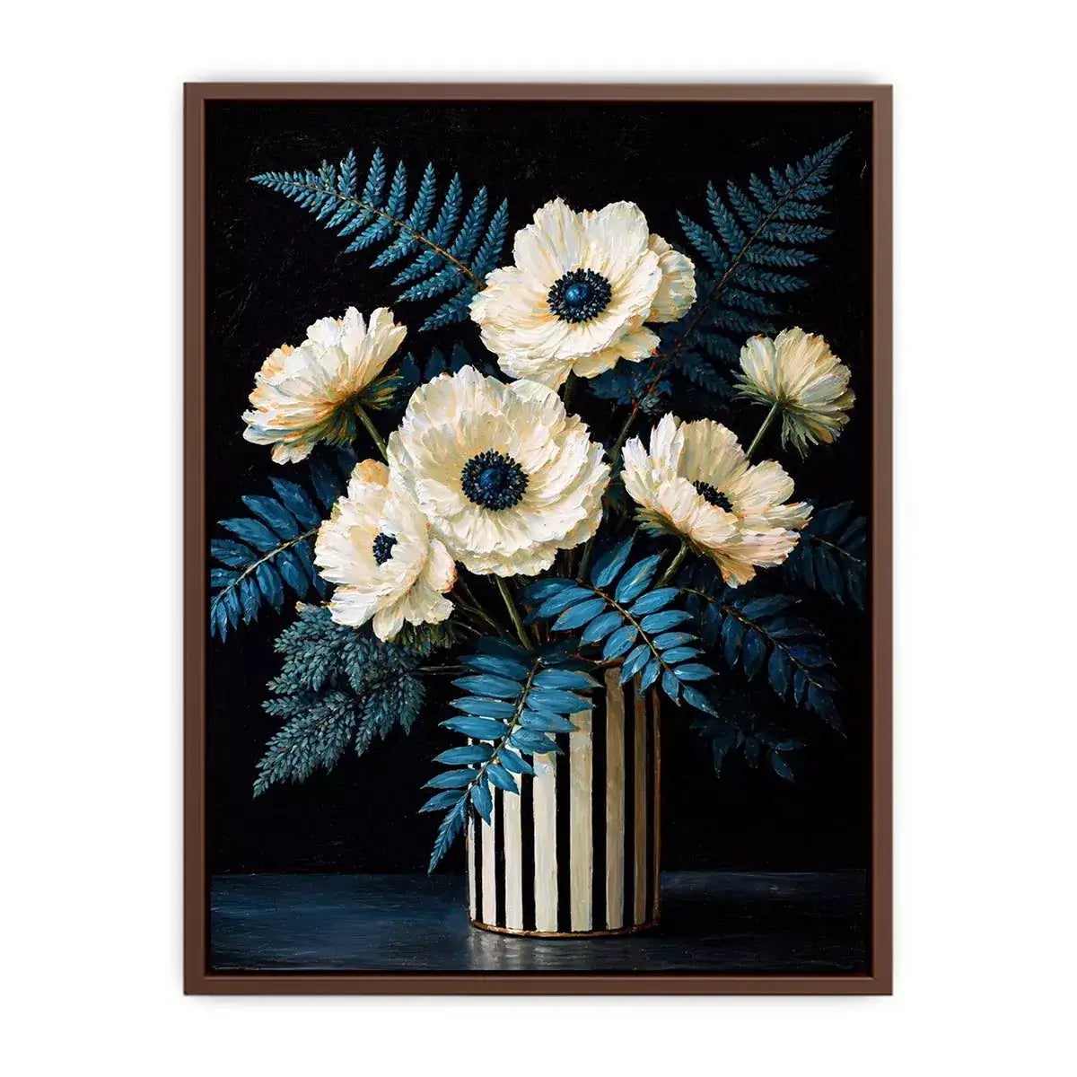 Dark floral still life with white flowers in vase and blue foliage on black background elegant painting