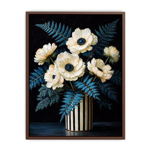 Dark floral still life with white flowers in vase and blue foliage on black background elegant painting