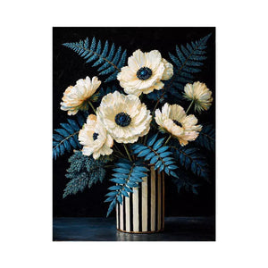 Dark floral still life with white flowers in vase and blue foliage on black background elegant painting