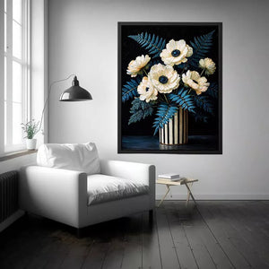 Dark floral still life with white flowers in vase and blue foliage on black background elegant painting