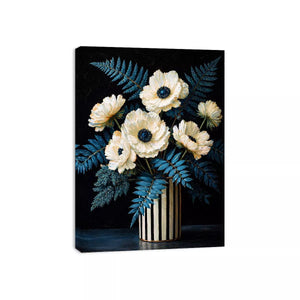 Dark floral still life with white flowers in vase and blue foliage on black background elegant painting