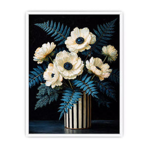 Dark floral still life with white flowers in vase and blue foliage on black background elegant painting