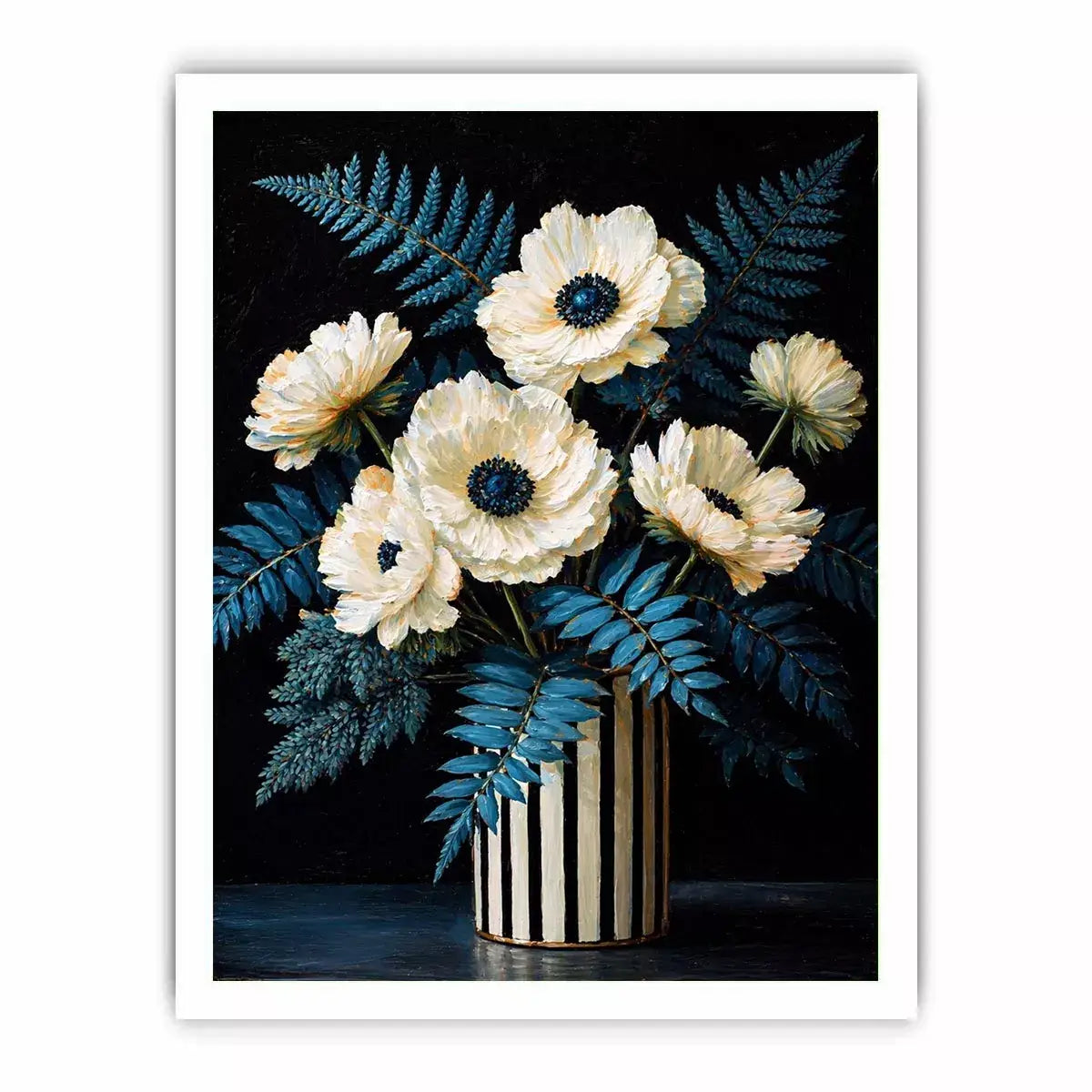 Dark floral still life with white flowers in vase and blue foliage on black background elegant painting