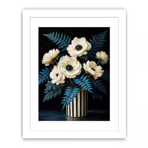 Dark floral still life with white flowers in vase and blue foliage on black background elegant painting
