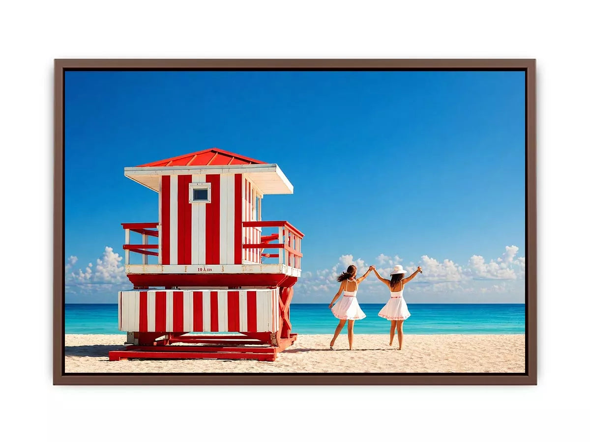 Minimal coastal beach scene with red lifeguard hut blue ocean and two women walking aesthetic wall art