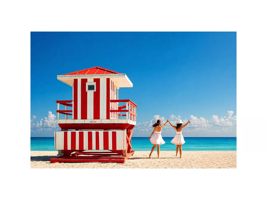 Minimal coastal beach scene with red lifeguard hut blue ocean and two women walking aesthetic wall art