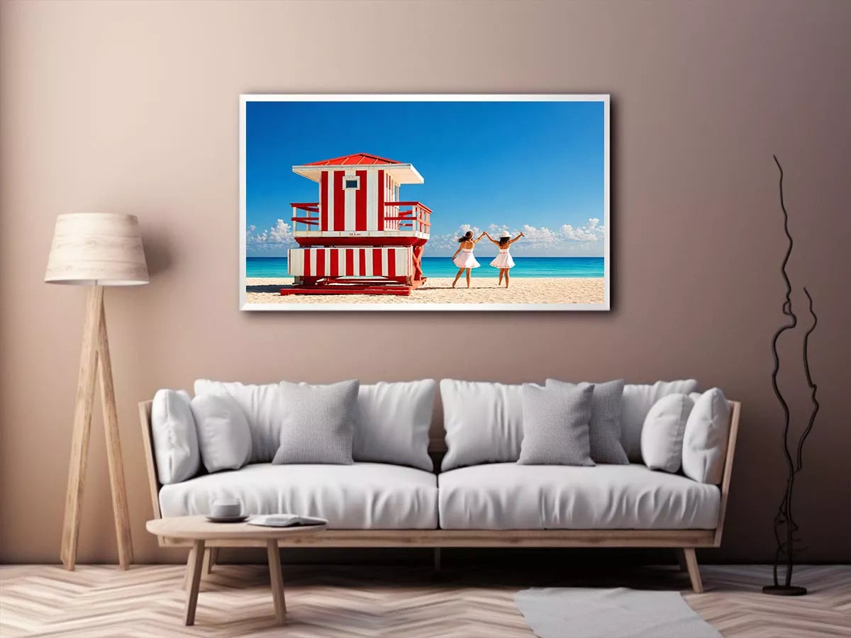Minimal coastal beach scene with red lifeguard hut blue ocean and two women walking aesthetic wall art